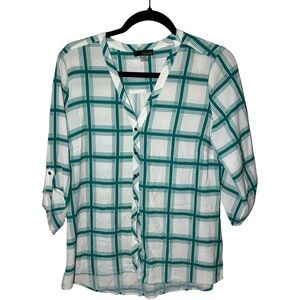 Renuar Women's Small Button Down Plaid 3/4 Length Sleeves Gridlines V Neck Top